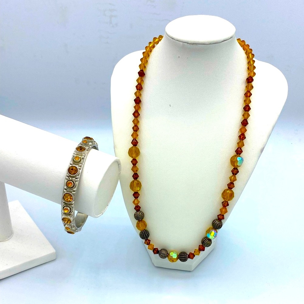 Hand Crafted Aurora Borealis Amber Necklace And  Bangle Bracelet